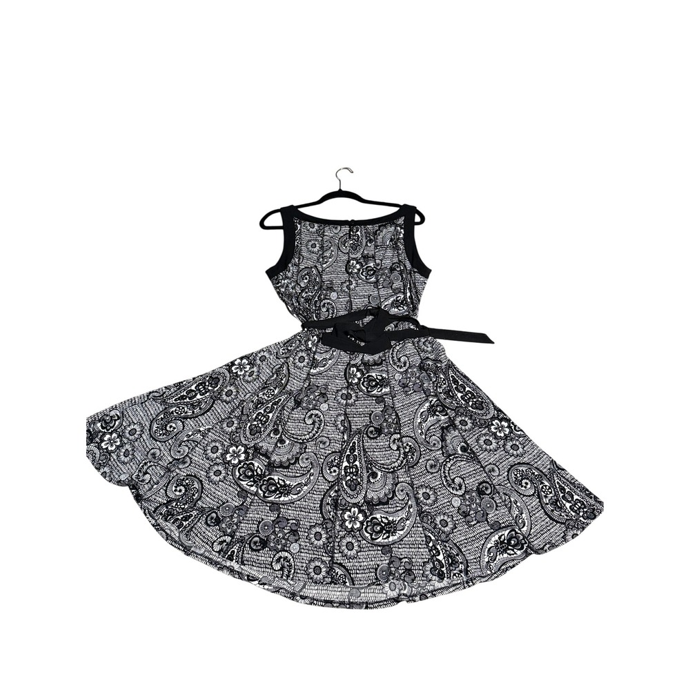 Glamour Womens Black White Paisley Floral Lace Print Fit Flare Midi Dress 14 - Picture 2 of 3